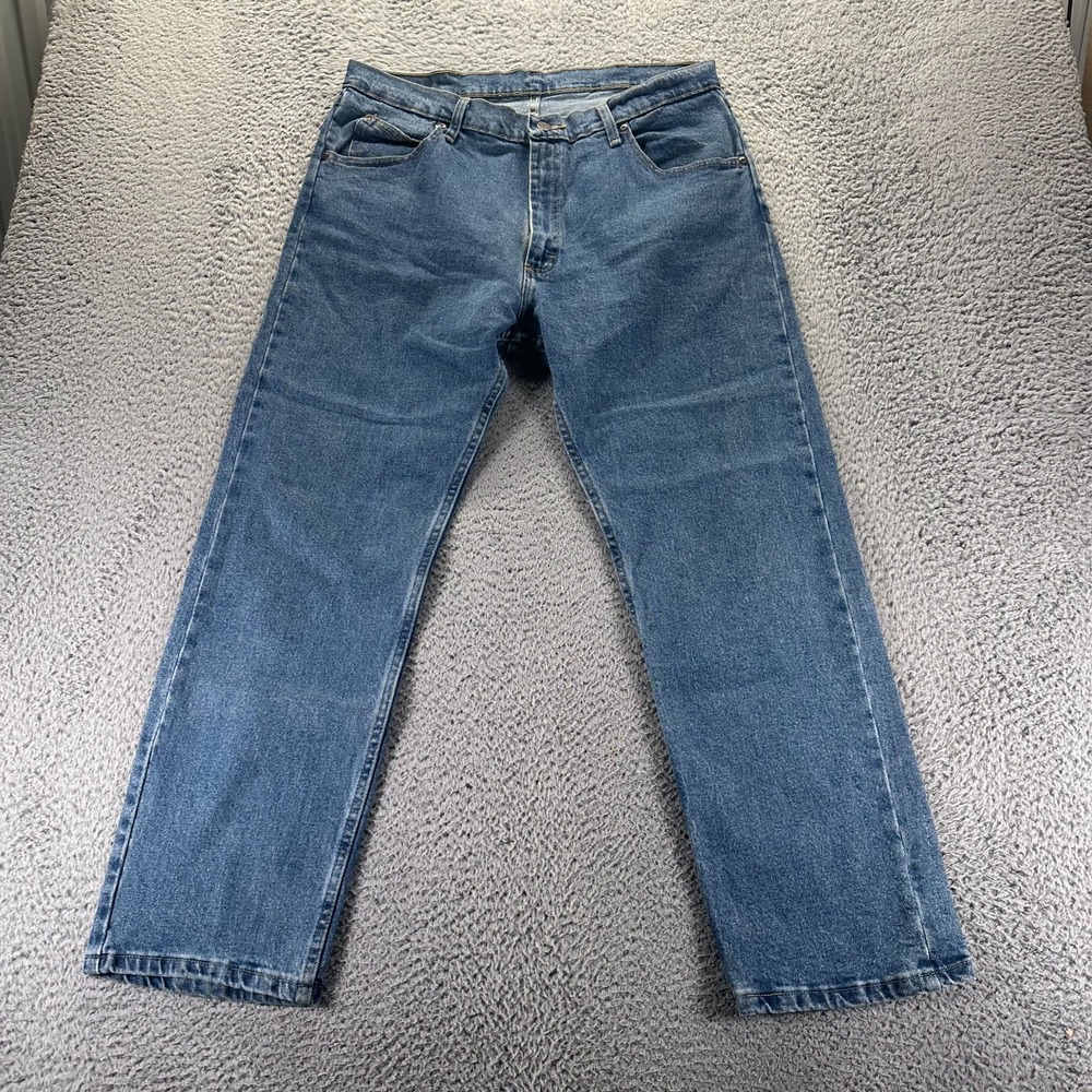 Wrangler Jeans Men's 36x29 Blue Cotton Denim Straight Leg Workwear Faded Stretch